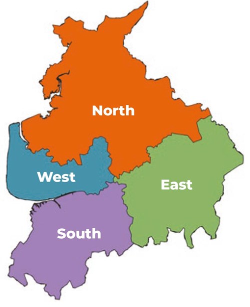 Map of Lancashire split into Coastal Lancashire, Pennine Lancashire and Central Lancashire